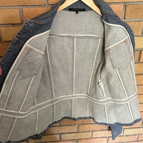 Theory Blue Denim Crop Long Sleeve Button Up Button Cuff Jacket Size Medium - Picture 6 of 9